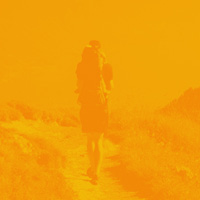 Graphic of a person walking down a mountain trail.