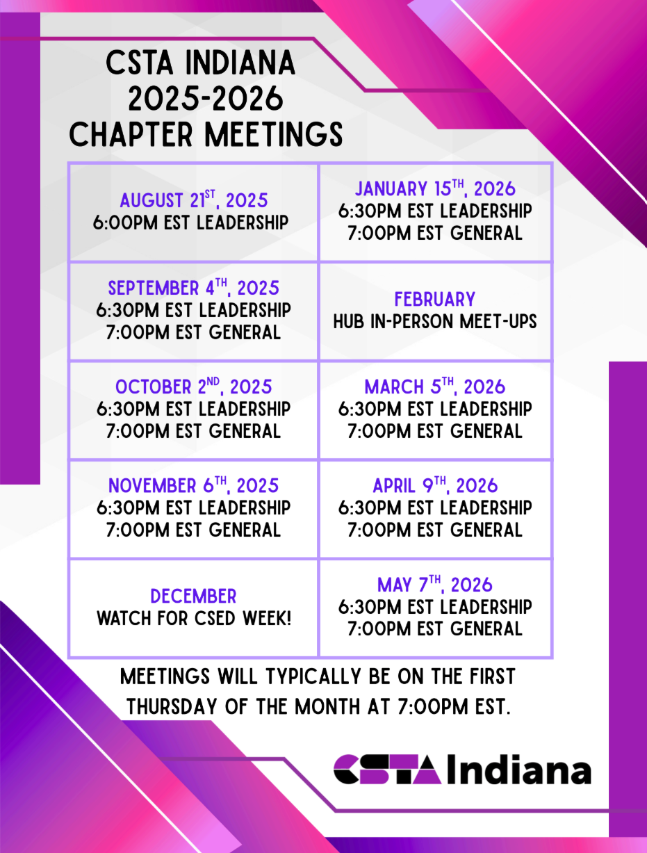 CSTA Indiana 2025-26 Meeting Schedule