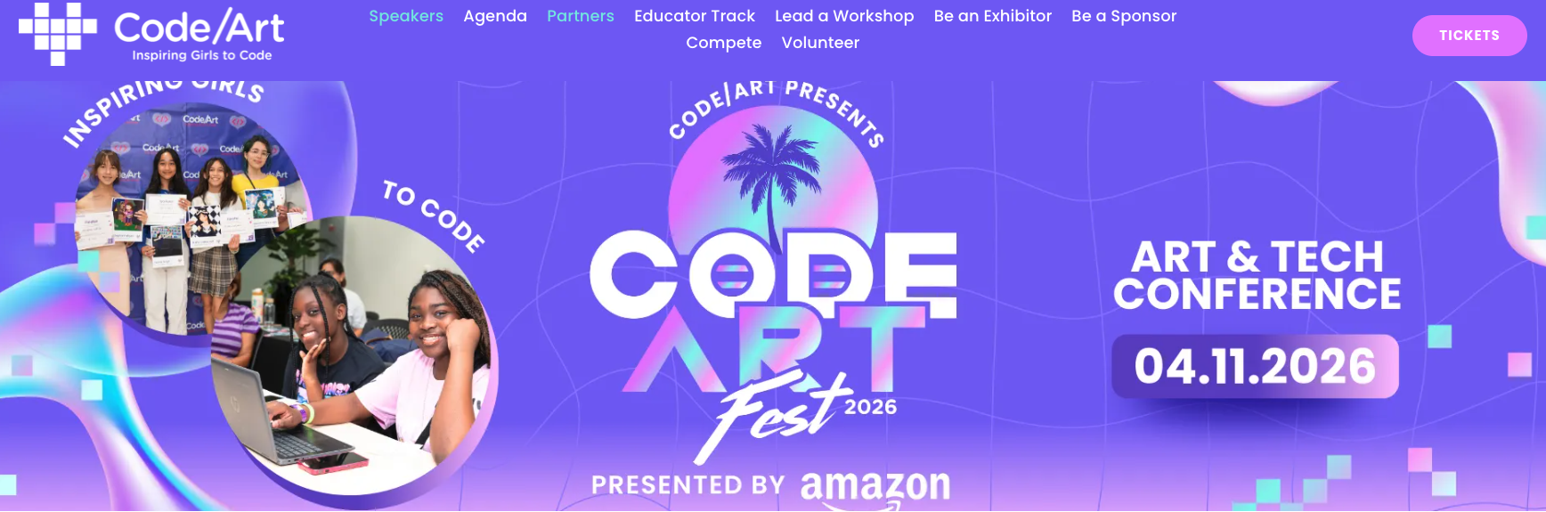 Purple shades with pictures of young women holding certificates and on devices.