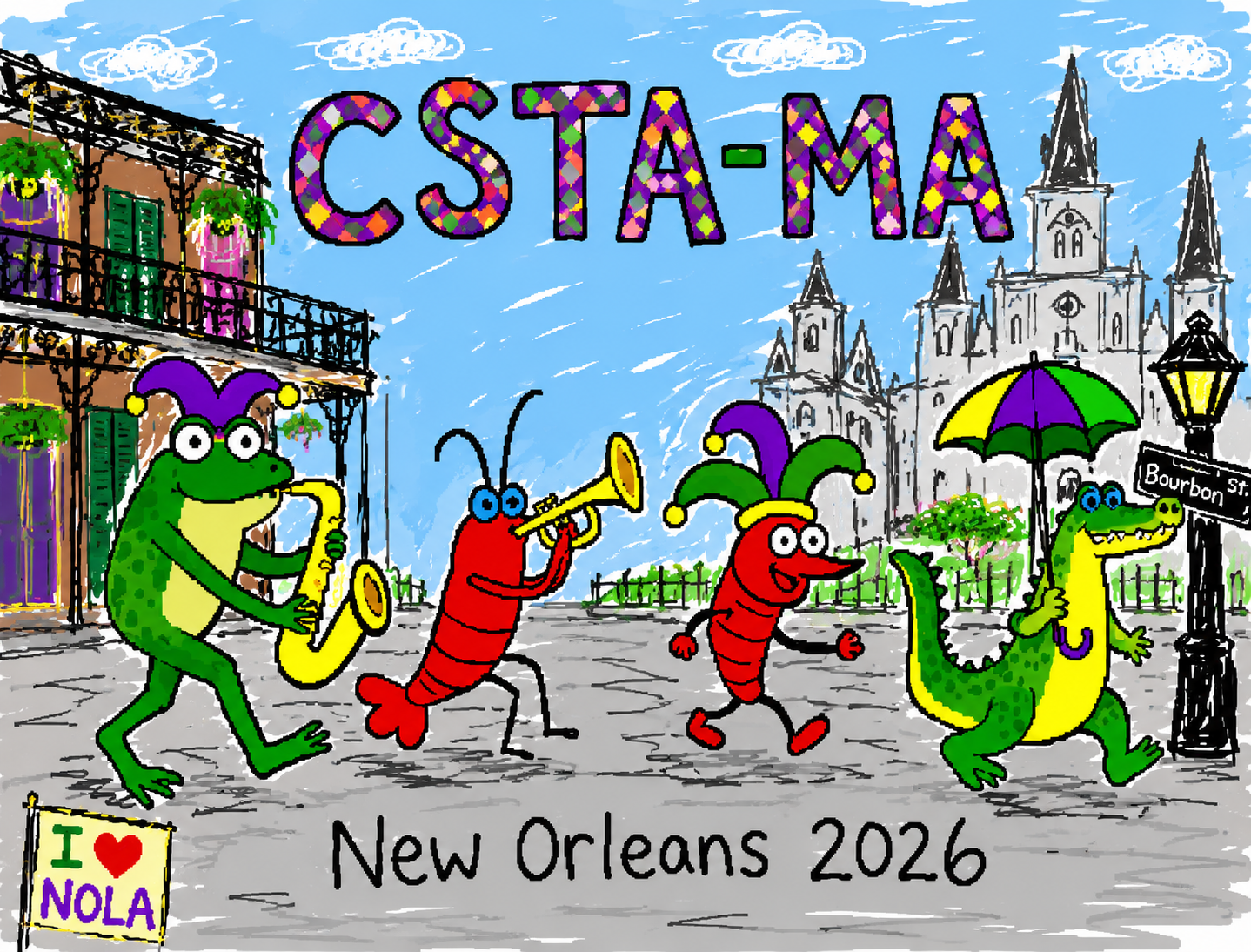 cartoon parade of alligator, crawfish, frog playing instruments on Bourbon street
