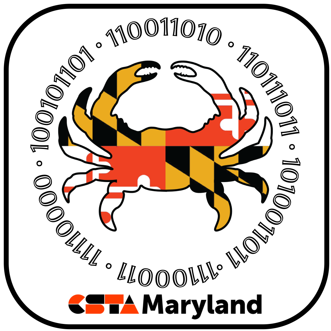 Crab shape filled with the pattern of the Maryland flag encircled with binary code 