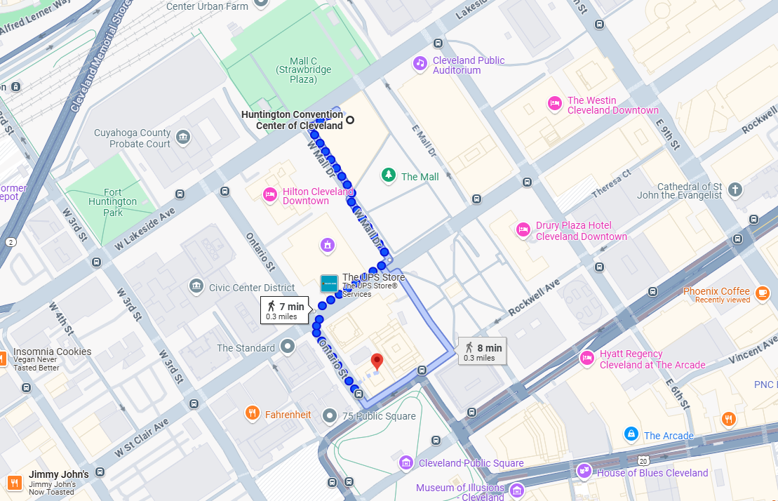 Map to Savour Coffee & Creations from Convention Center