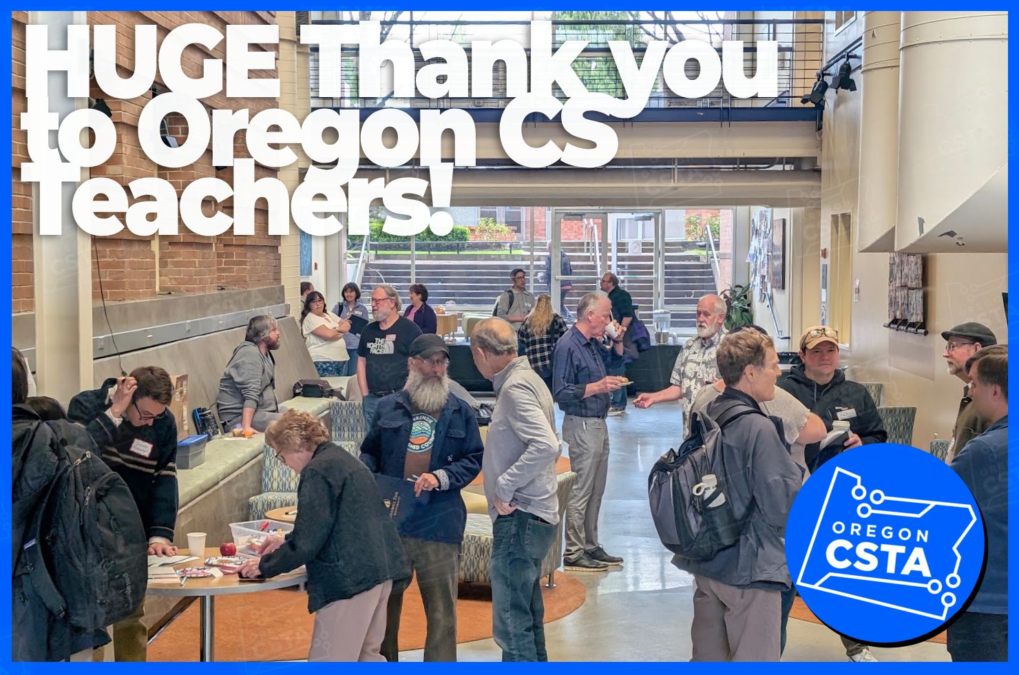 Image of teachers standing, talking and eating during registration