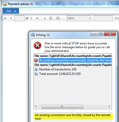 Error msg during EFT payment processing Error msg during EFT payment processing