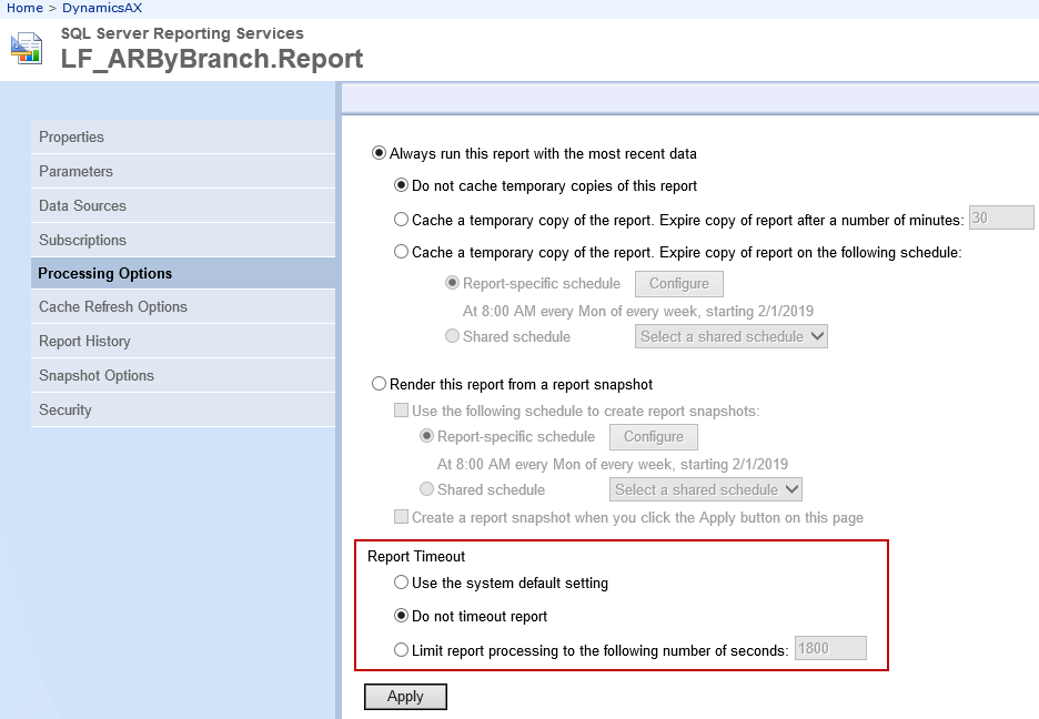 Report processing options Report processing options