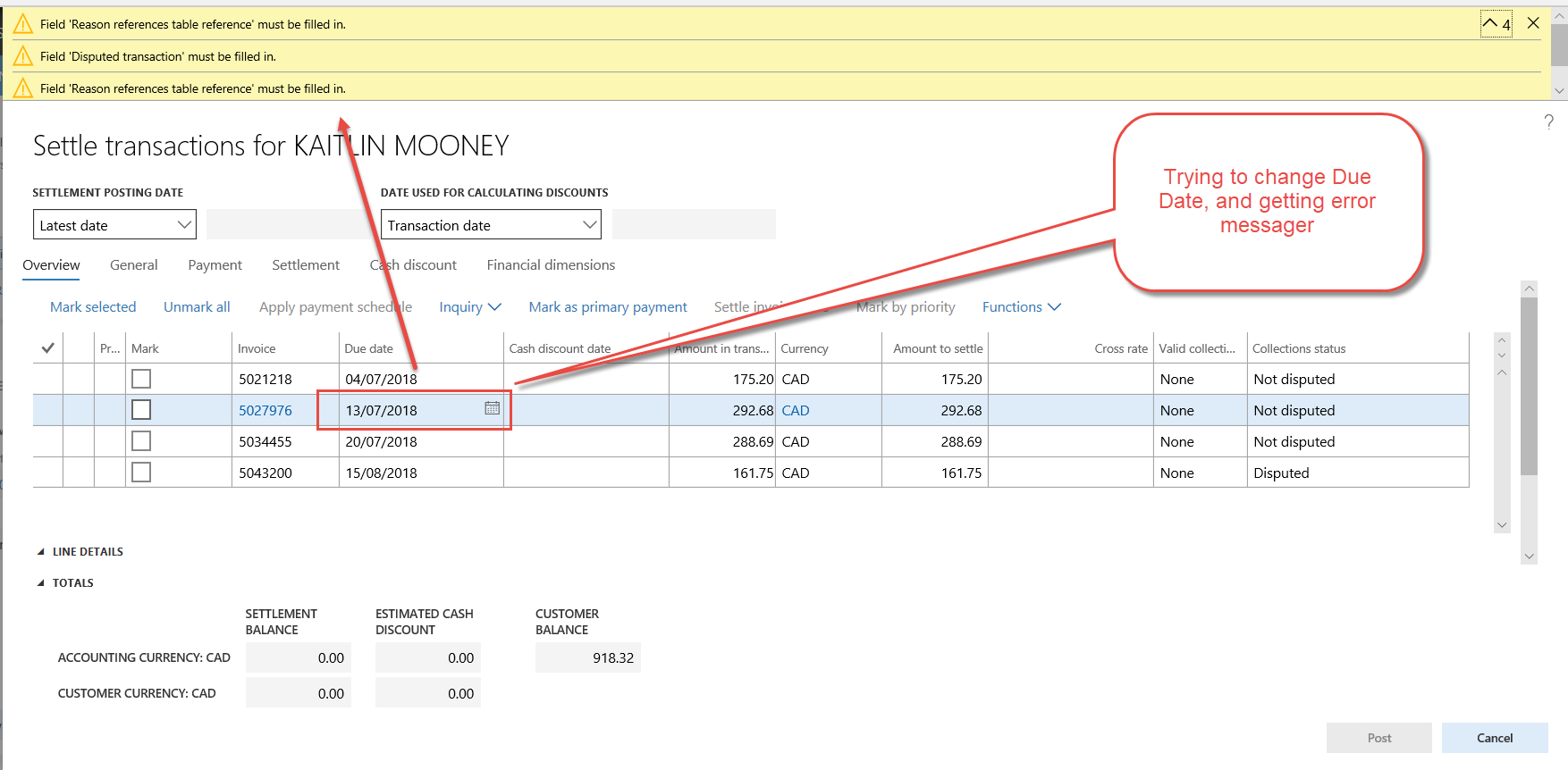 Cannot modify Due Date