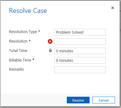 Resolve Case form Resolve Case form