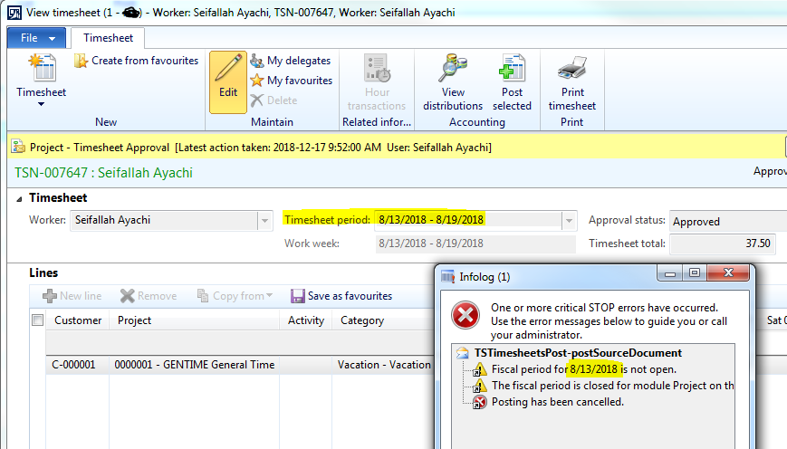 Error when posting timesheet