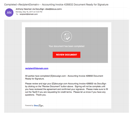 DocuSign Email Example Copy of DocuSign email recently sent as part of campaign scam