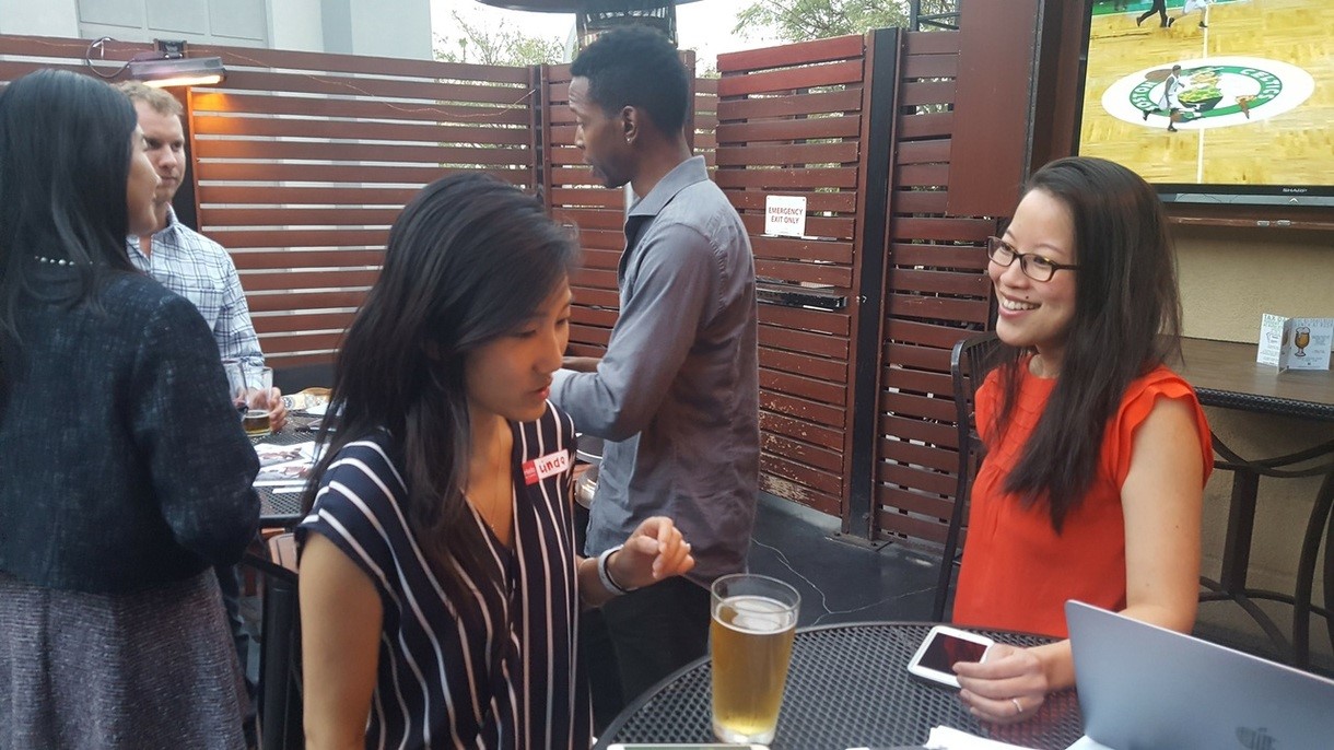 LA Chapter Leaders Linda Suen and Angela Tsai at a local Chapter happy hour in Culver City