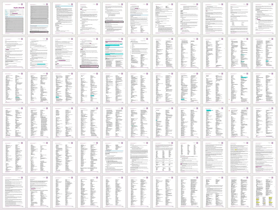 A zoomed-out grid view of a 66-page editorial style sheet