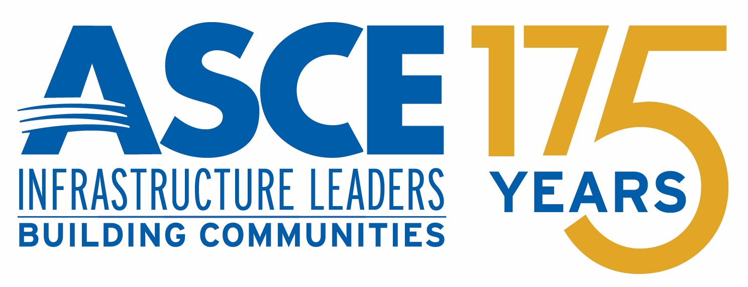 ASCE 175th Anniversary branding showing the ASCE logo on the left and the number 175 Years highlighted in gold with the tagline Infrastructure Leaders Building Communities underneath.  