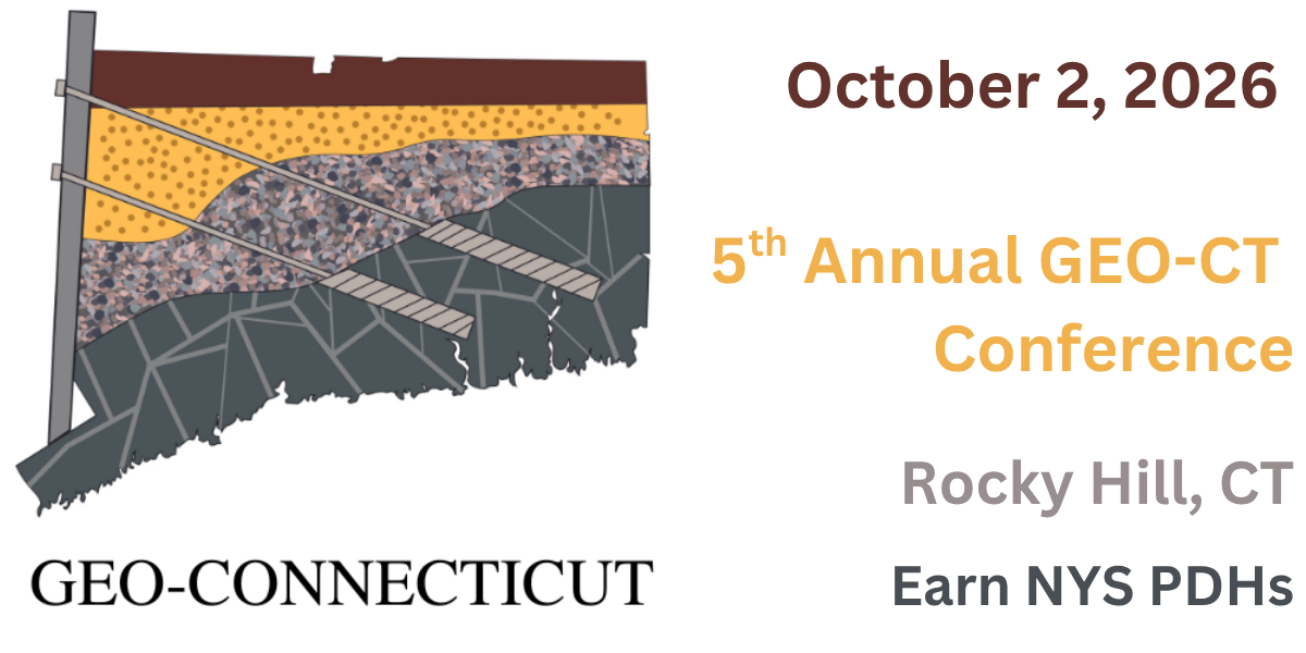 Geo-Connecticut logo with information about the 5th Annual Geo-CT Conference (October 2, 2026, Rocky Hill CT, Earn NYS PDHs