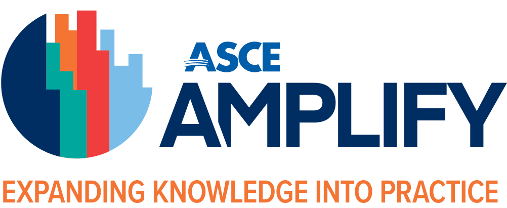 AMPLIFY logo represented by a cityscape within a globe using 4 colors and the text Expanding Knowledge into Practice