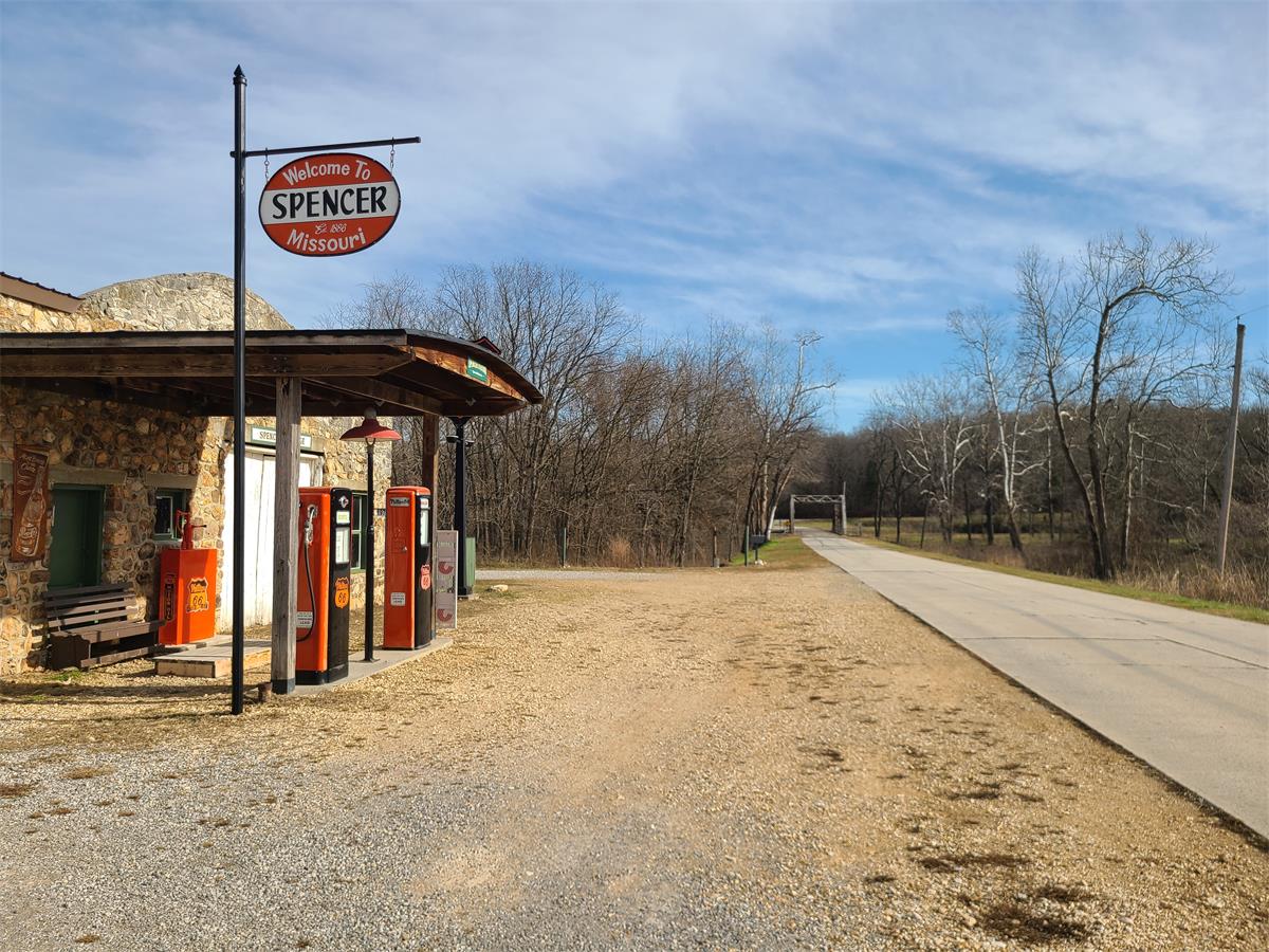 Original Route 66 filling station and attached business in Spencer, Missouri in the process of being restored