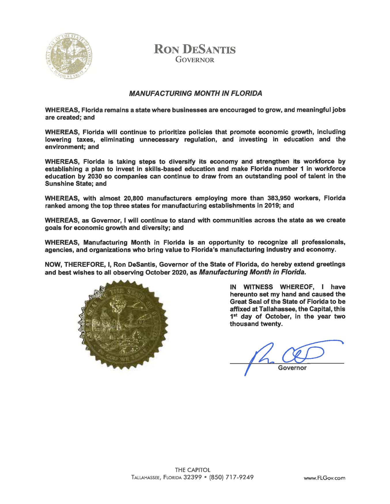 letter from Governor Ron DeSantis regarding the manufacturing month in Florida