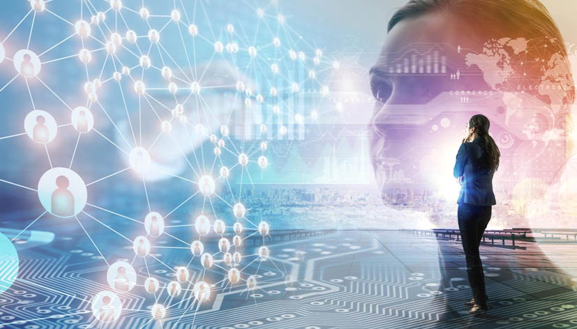 a woman looking at an artificial intelligence model of connection between people