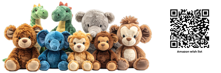 stuffed animals in a row with a qr code to amazon