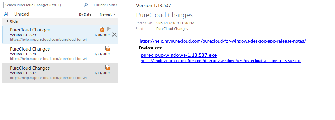 PureCloud Outlook RSS feed