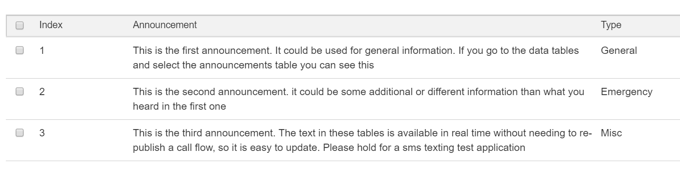 announcement data table