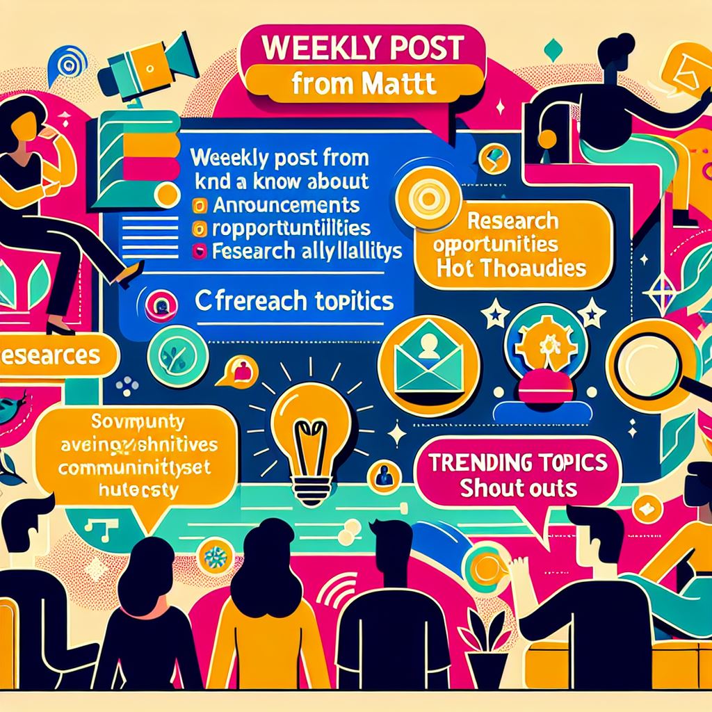 Thumbnail Image a weekly blog post update with the title "WeeklyPostFromMattListingAllYouNeedToKnowAboutFeatureAnnouncementsResearchOpportunitiesHotThreadsTrendingTopicsNicoleNicetiesCommunityShoutOuts"