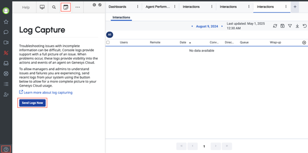 Help option, log capture tab, and the Send Logs Now option on the Help panel