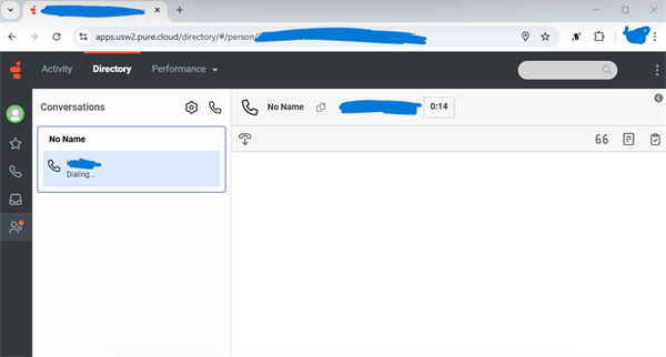 This screenshot shows the call that was placed on the agent's UI, with the phone number showing in the title bar, but no external participant is actually added
