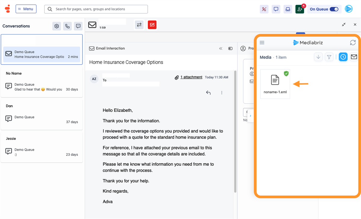 The attached email file appears directly in the Mediabriz media gallery, allowing agents to access the content without searching through downloads or external applications.