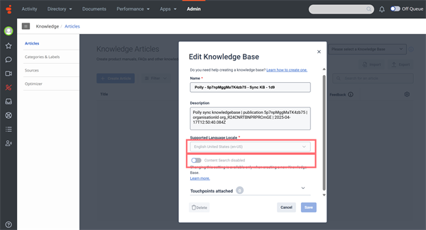 How to enable content search for API created knowledge bases? | Genesys ...