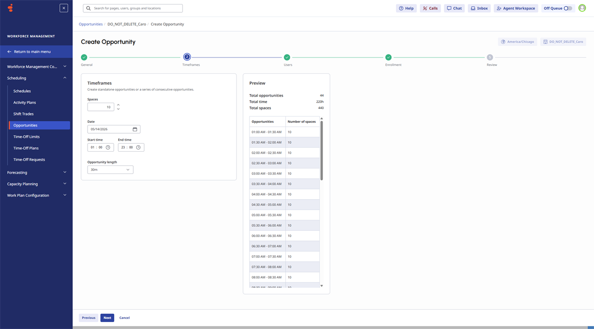 Opportunities creation wizard showing timeframes step