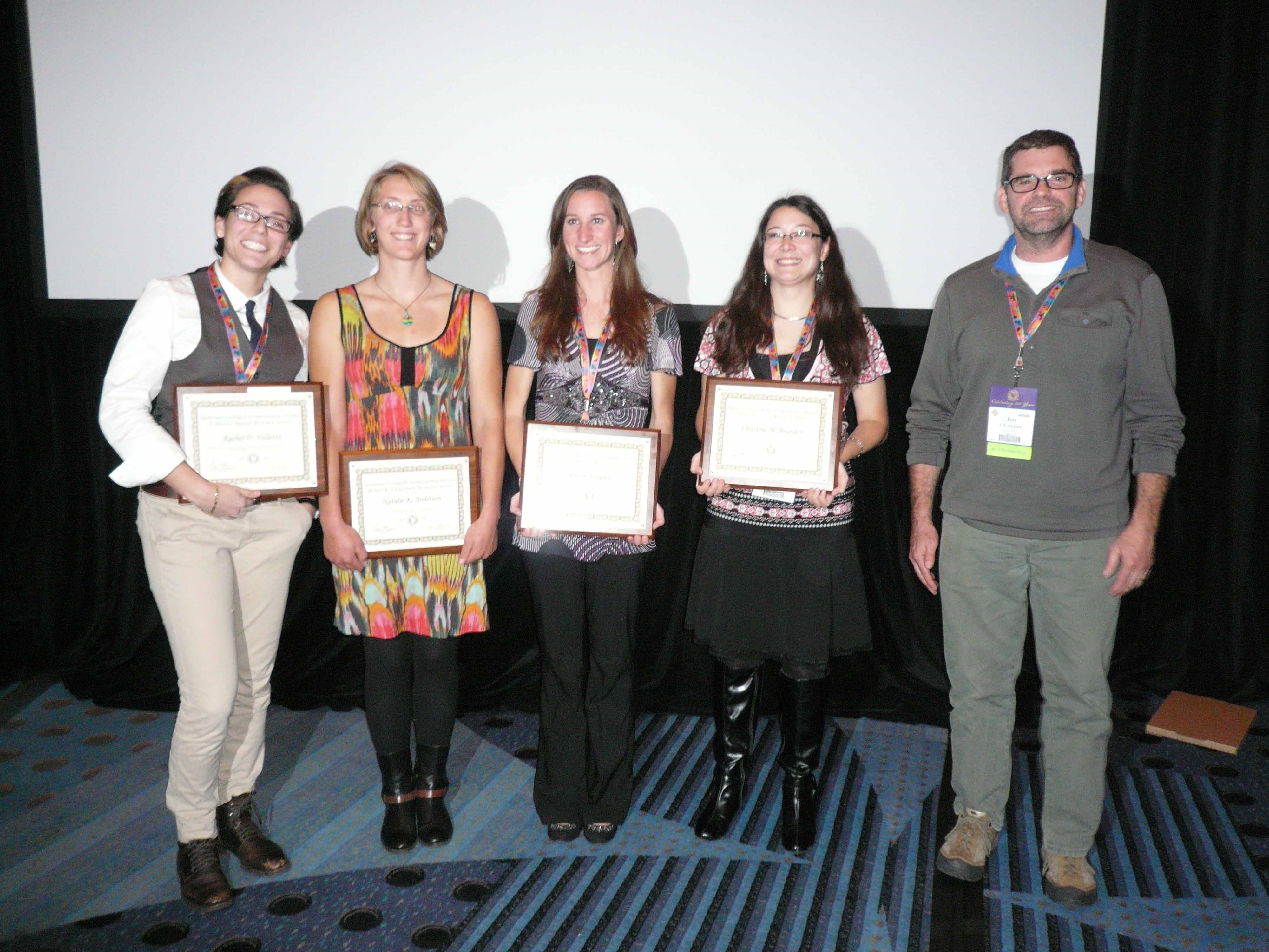 2013 QG&G student awardees: Rachel Valletta (Mackin Award), Natalie Anderson (Fahnestock Award), Claire Forgacs (Howard Award), and Christine Brandon (Morisawa Award) with 2013 QG&G Board Chair Jim O'Connor 