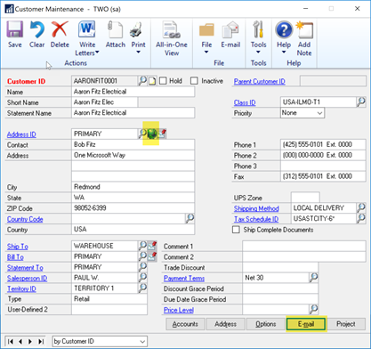 Customer Maintenance screen Customer Emailing setup