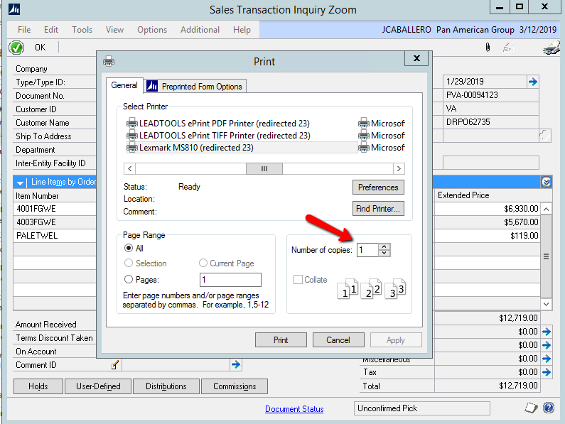 Printig option Copies setup