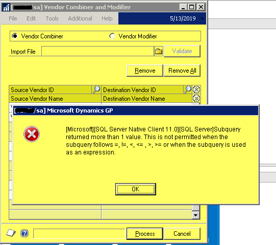 Error Message Vendor Combiner / Modifier error