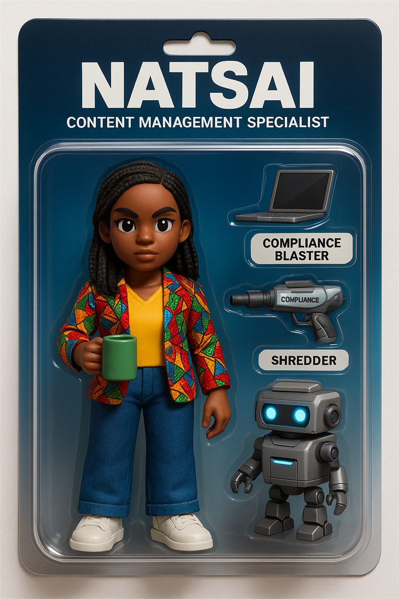 AI generated image of Natsai (a content management specialist) action figure 