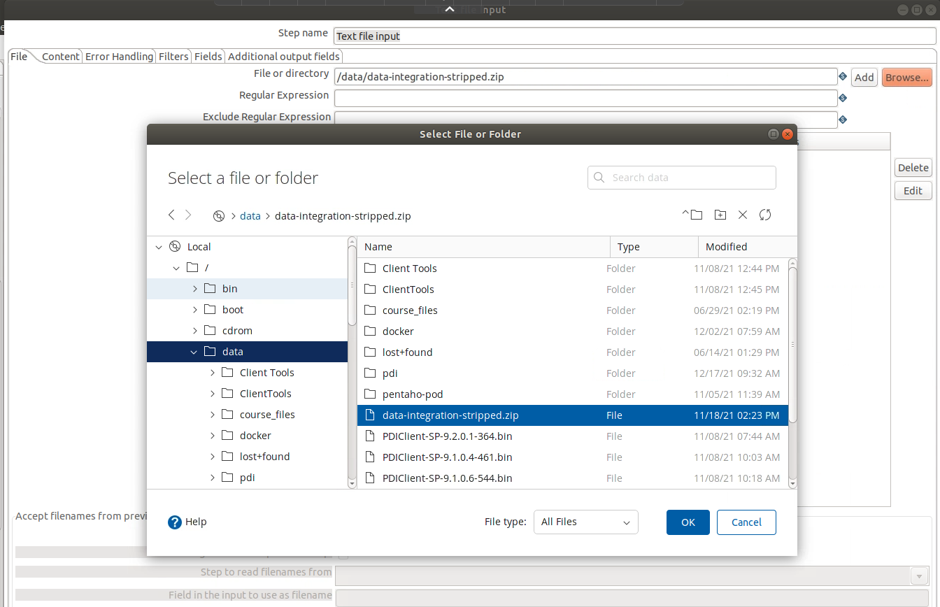 Selection of file or folder in Text file input | Pentaho