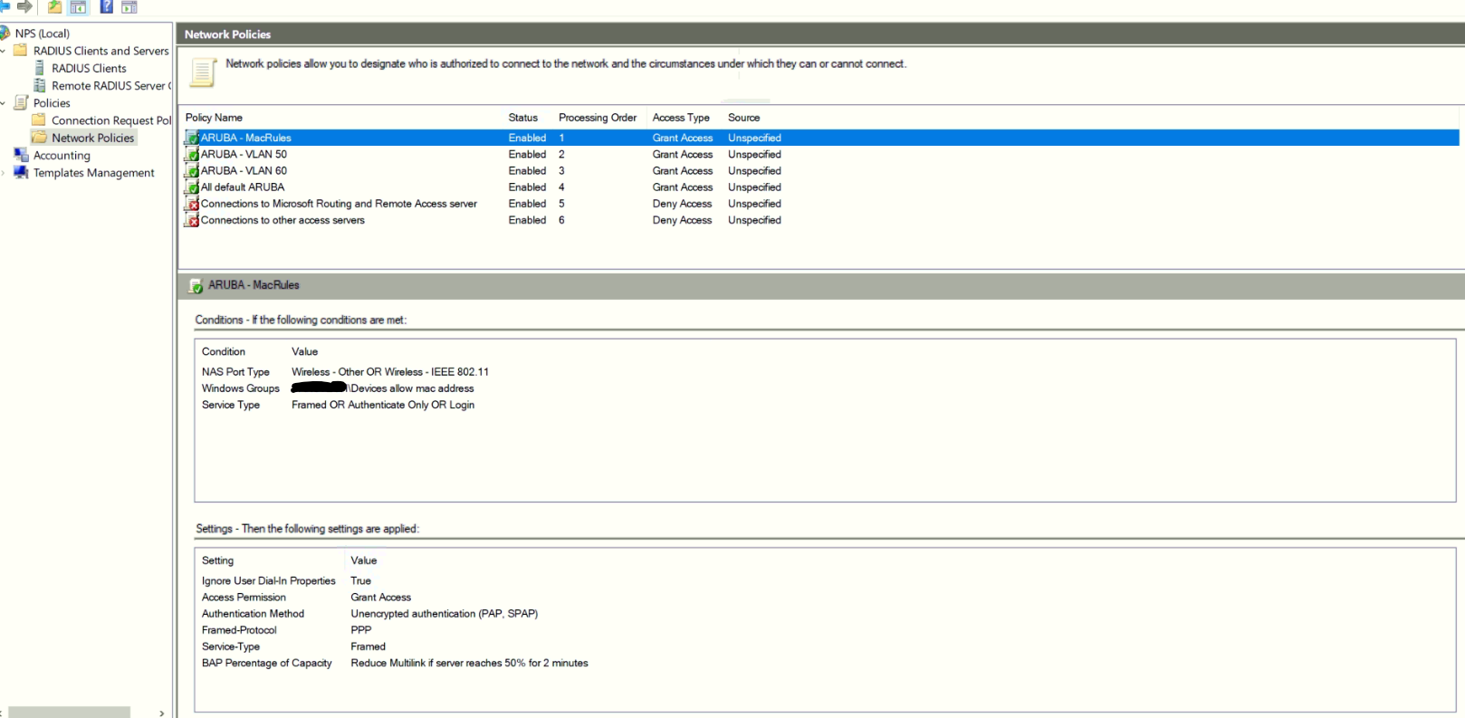 Aruba Central MacAuthentication 802.1x NPS Error 6273 reason code 66