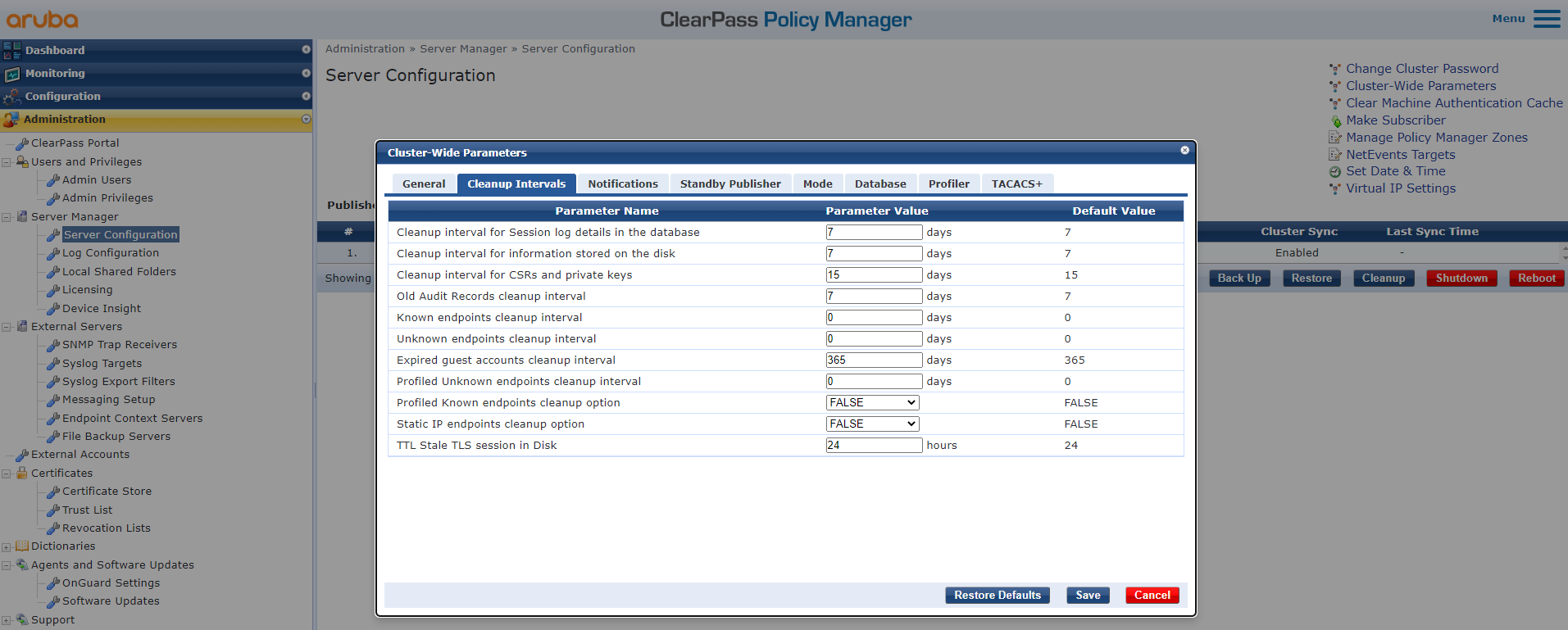 ClearPass accounting logging how long is this kept on system and how