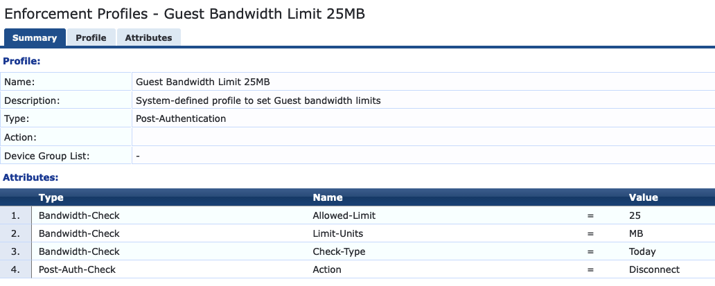 Aruba CPPM guest per user account bandwidth setting | Security