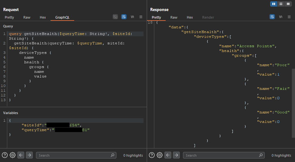 Fig. 3: A successful “getSiteHealth” request using valid parameters tied to the user
