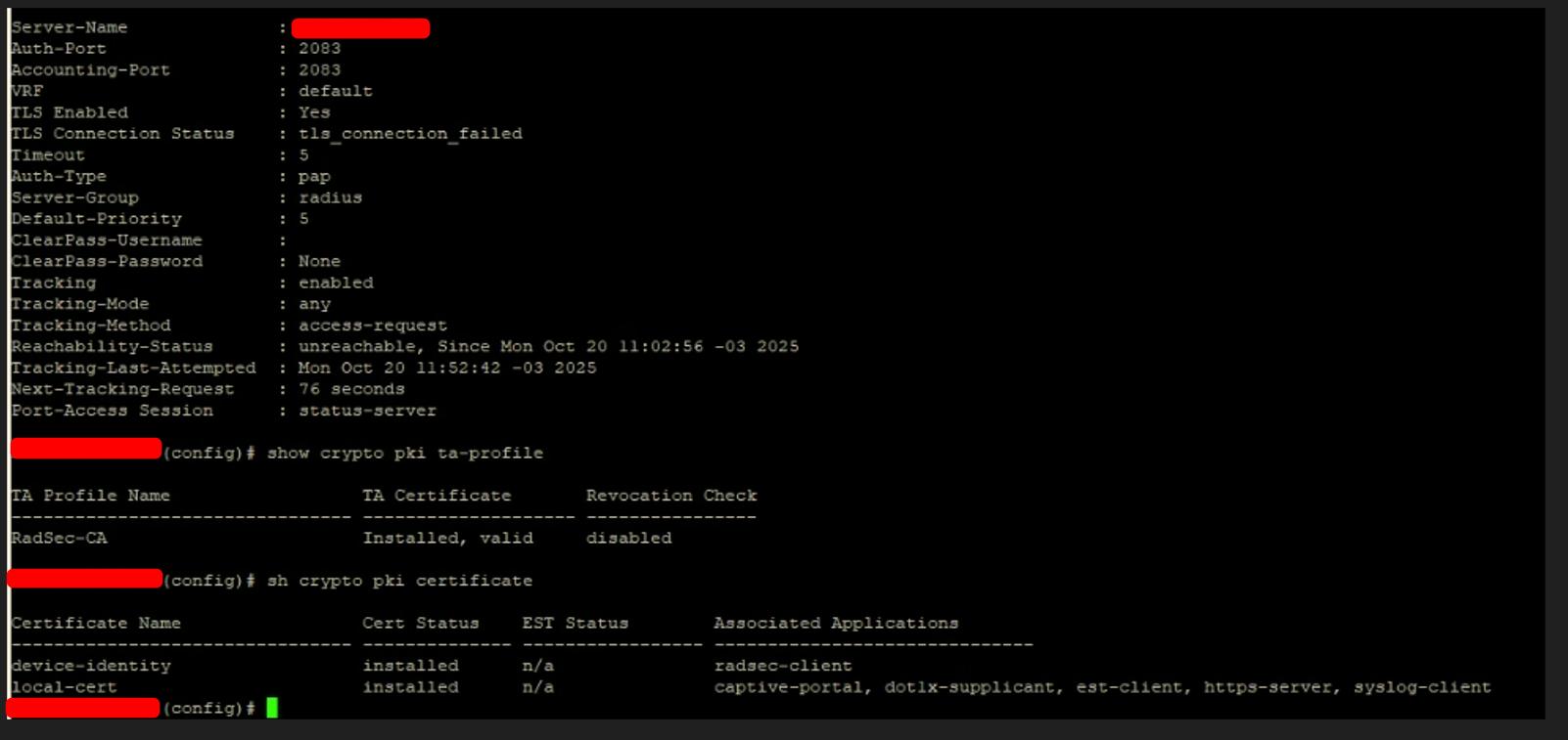 RadSec between Aruba CX 6200 and ClearPass failing with certificate  verification errors | Security