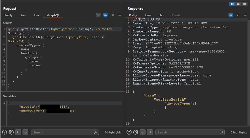 Fig. 4: A manipulated “getSiteHealth” request using spoofed parameters