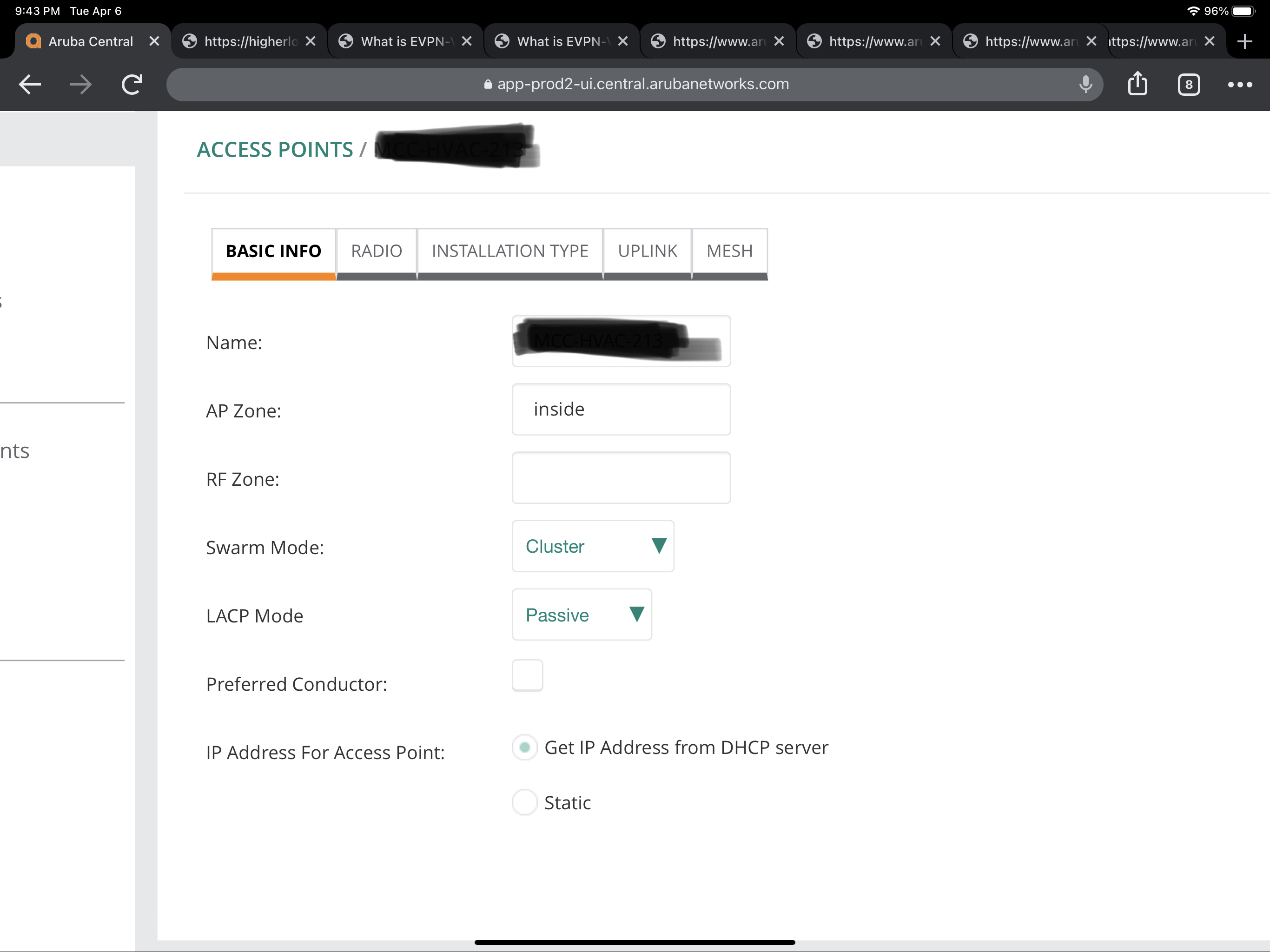 11 Aruba215's, trying to use multiple wlan zones on different access