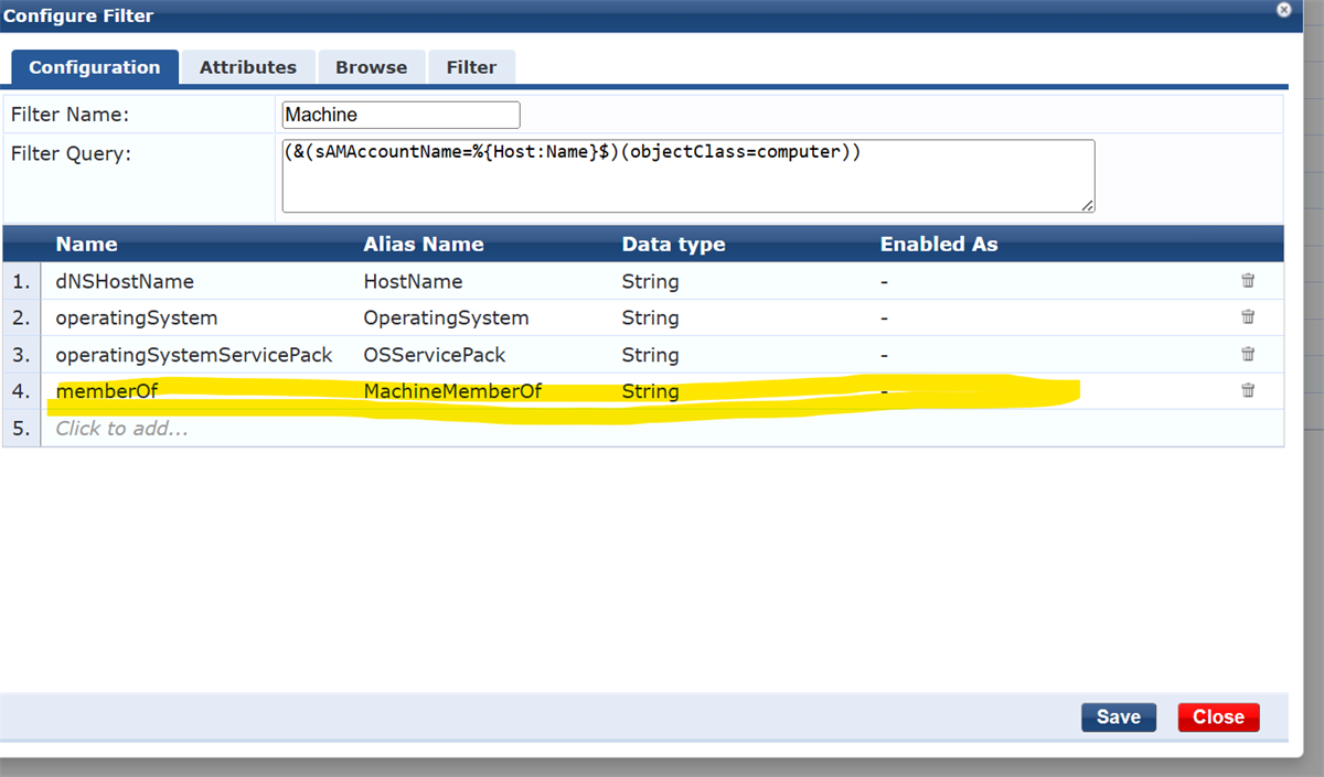 Screen shot show attribute added to allow authentication based on Machine group membership;