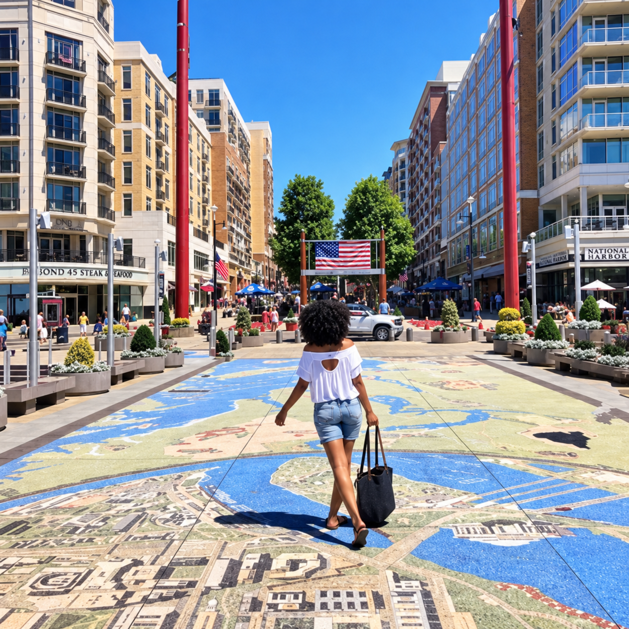 The colorful pedestrian plaza in National Harbor, Maryland.