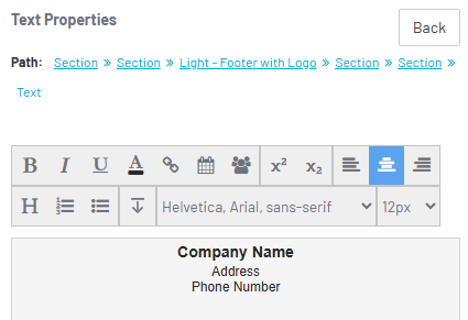 text box with sample footer content being replaced by actual footer content