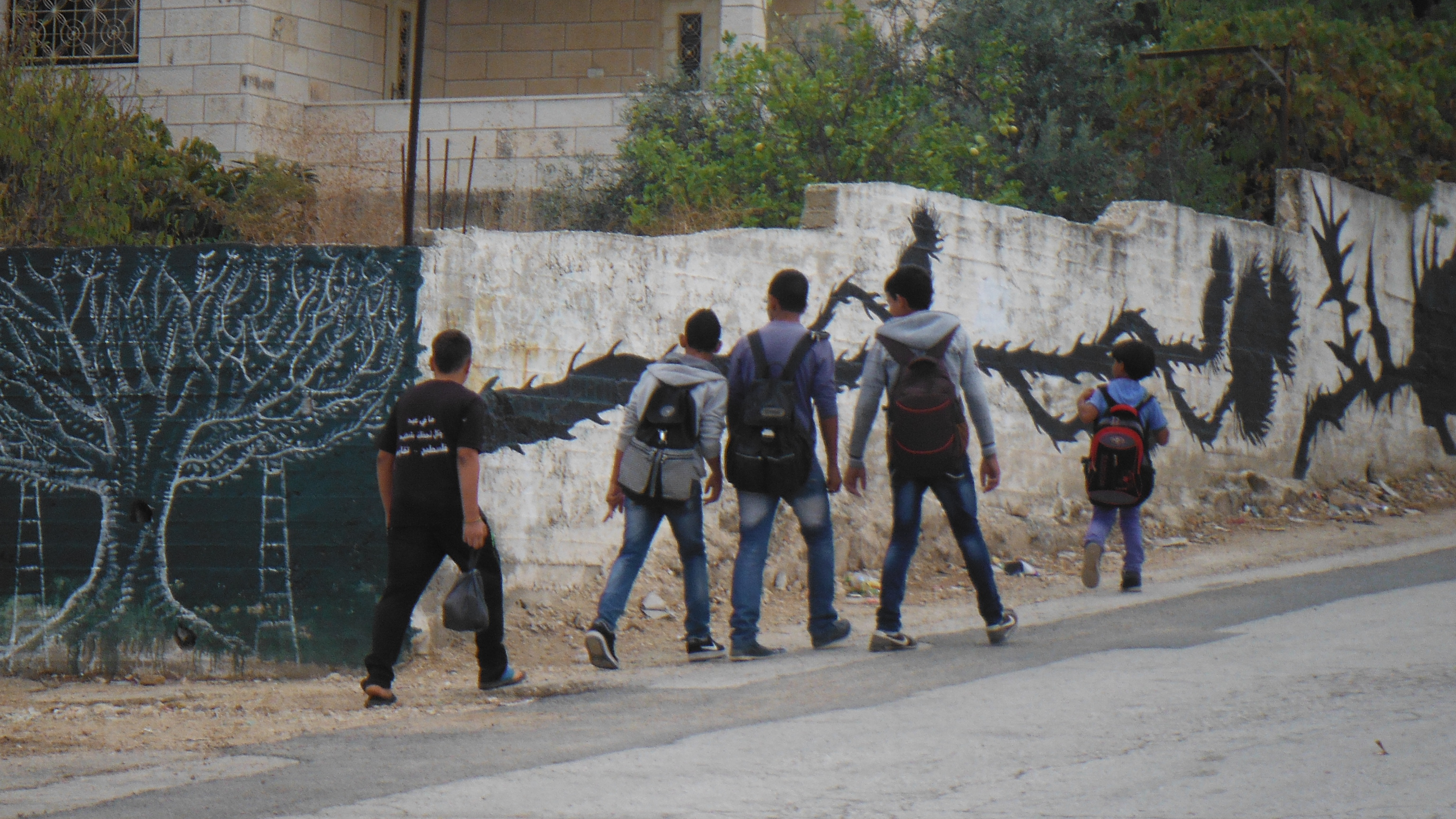 Bil’in kids on their way to school pass the murals each day.