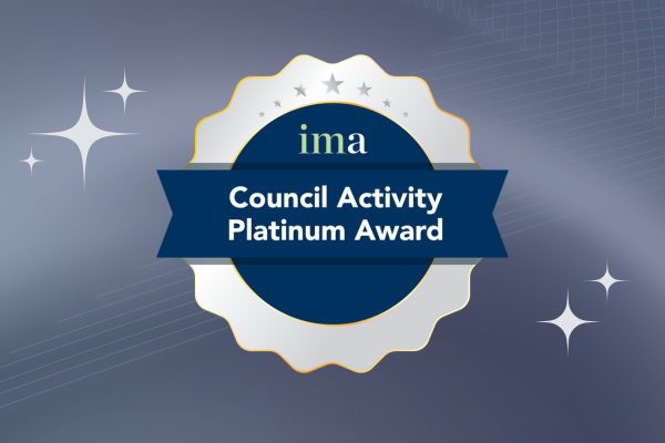 A platinum badge of excellence against a steel blue grey background with stars 