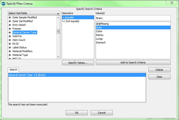 Specify Filter Critera window